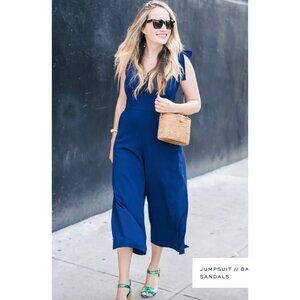 Amanda Uprichard Iris Jumpsuit Wide Leg Bow Tie Shoulders Blue Size P or XS